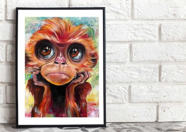 Orin the contemplative monkey – expressive canvas & framed prints.